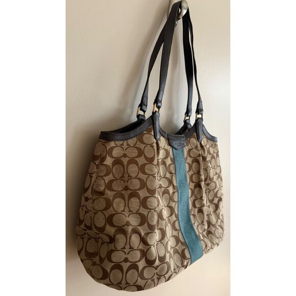 Coach Y2K Devin Signature Stripe Canvas & Leather Tote Shoulder Bag Brown/Green - Picture 3 of 15